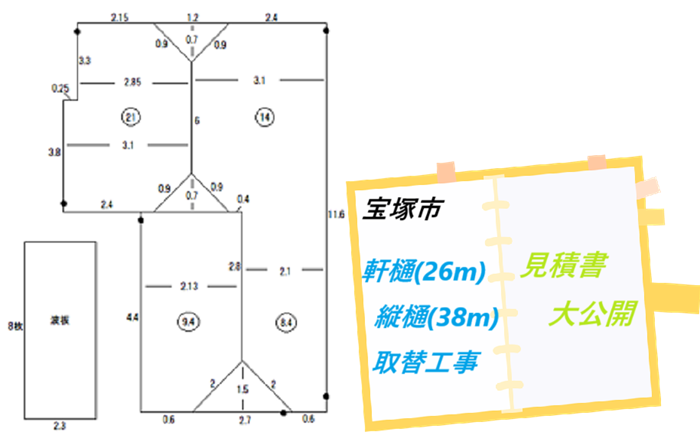 宝塚市　【見積書大公開】雨樋取り替え工事｜軒樋26m・竪樋38mを交換！ステンレス金具で長持ち施工