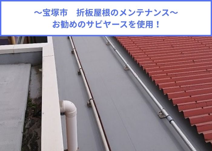 折板屋根のメンテナンス工事としてサビヤーズを取り付ける現場の様子