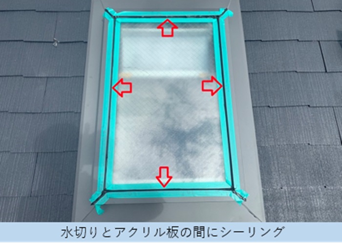 天窓の水切りとアクリル板の取り合いにシーリングしている様子