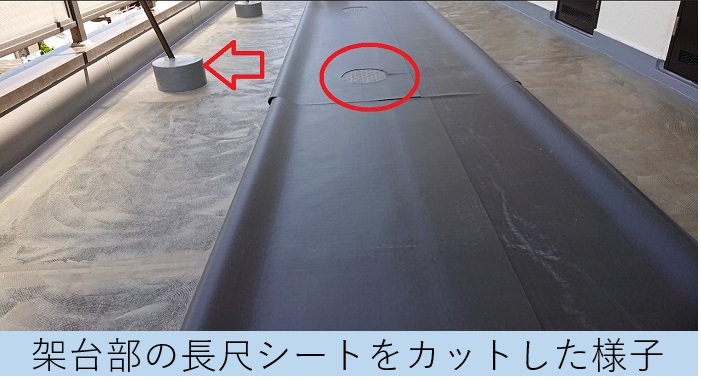 共用廊下に長尺シートを貼っている様子