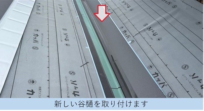 加東市での葺き替え工事でＳＧＬ鋼板屋根材の谷板を取り付け