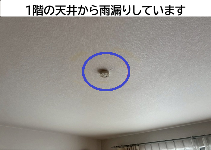 天井から雨漏りしている様子