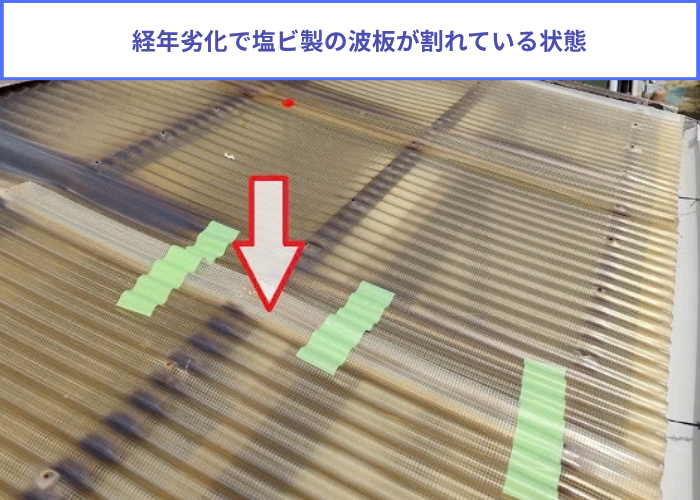 宝塚市　タキロンポリカ波板を用いてテラス屋根の波板貼り替え前の割れた波板