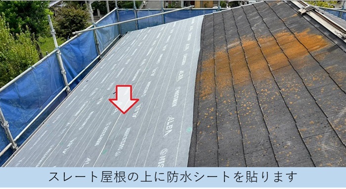 屋根カバー工事で平板スレート屋根の上に防水シートを貼ってる様子