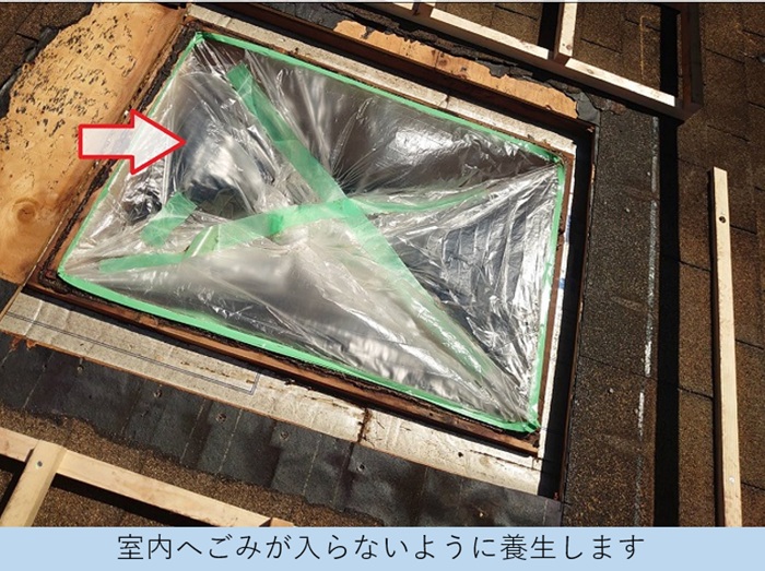 室内へゴミが入らないように天窓を養生