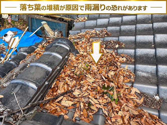 落ち葉溜まりが原因で雨漏りしている様子