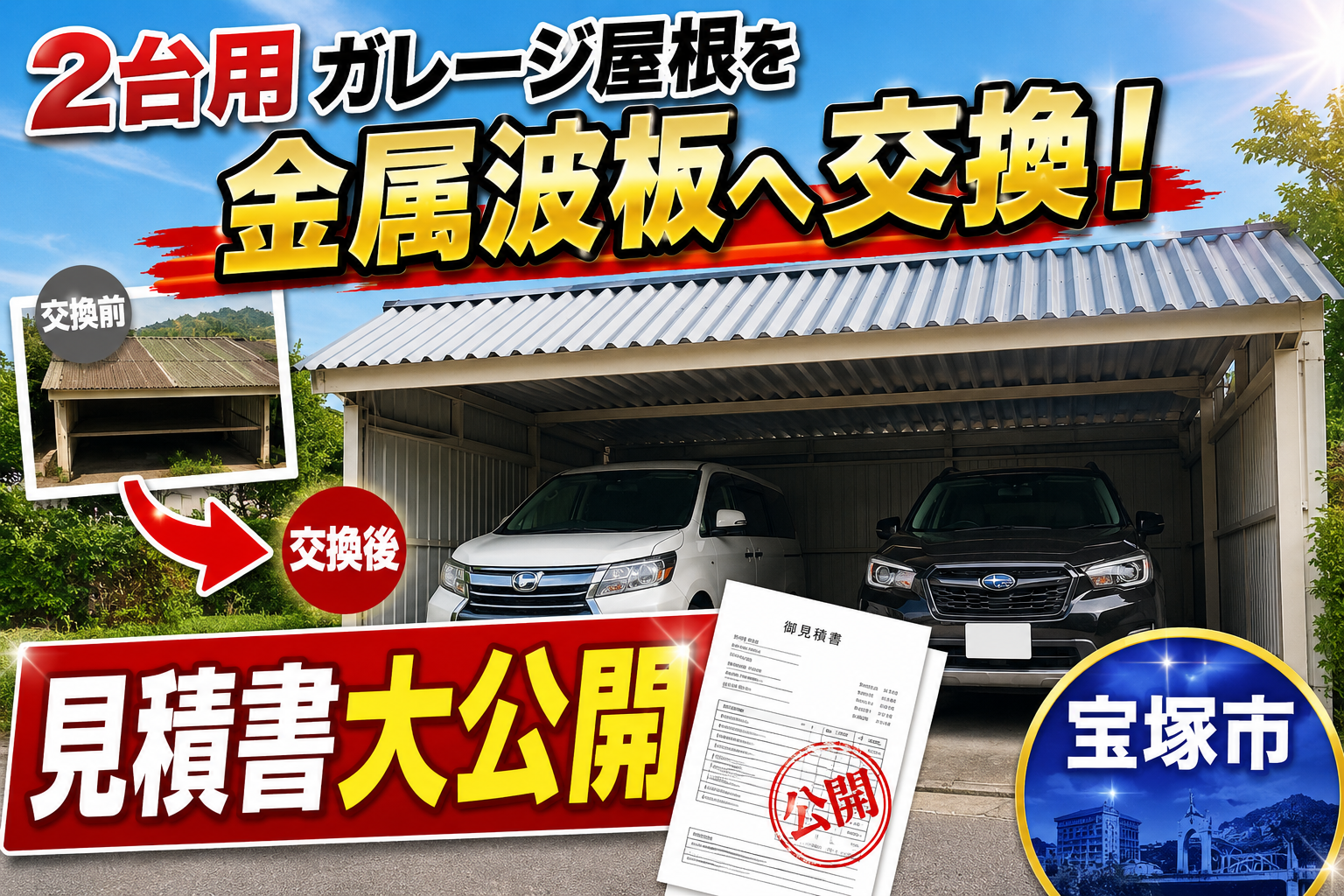 宝塚市★2台用ガレージ屋根を金属波板へ交換！見積書で費用を大公開