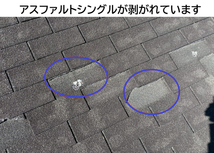 アスファルトシングルが剥がれている様子