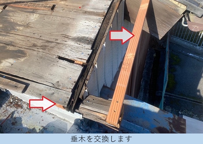 庇屋根の貼り替えで垂木を取り替え