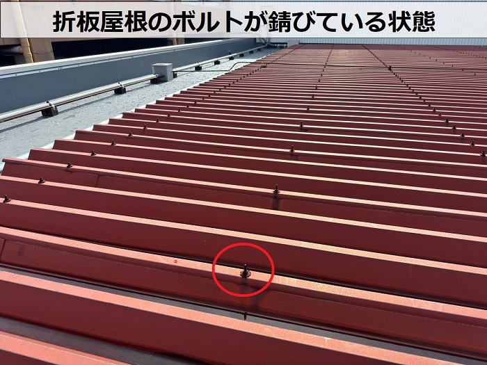 折板屋根のボルトが錆びている様子