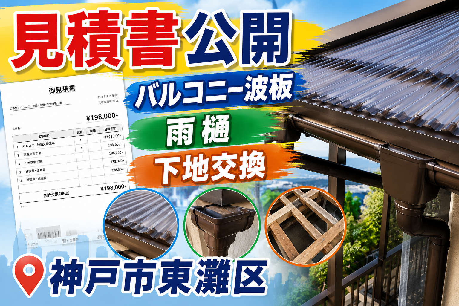 神戸市東灘区★ベランダの波板・下地・雨樋を全交換！見積書を大公開！！