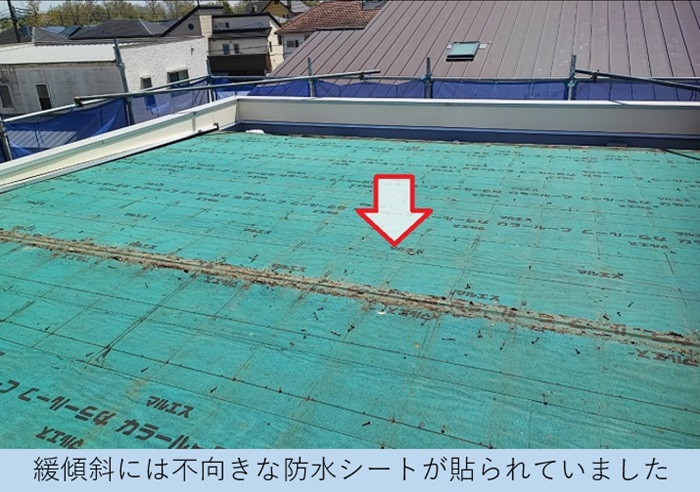 既存の防水シートは緩傾斜な屋根に不向きなもの