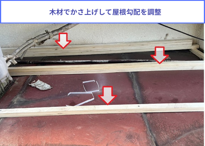 加西市　木材でかさ上げして屋根勾配を調整します
