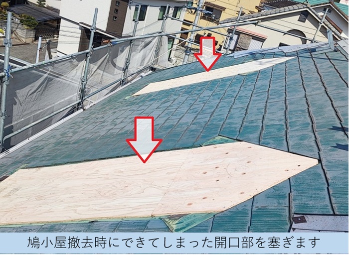 雨漏り原因となっていた鳩小屋の開口を下地用合板で塞いでいる様子