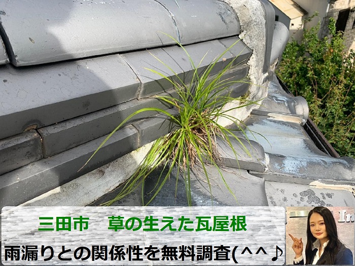 三田市で草の生えた瓦屋根の無料調査を行う現場の様子