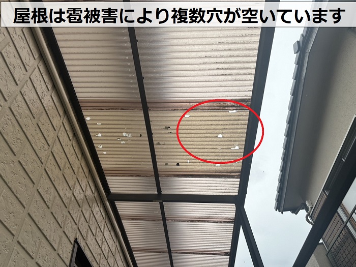 ストックヤードの波板に穴が空いている様子