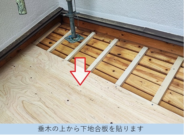 垂木の上から下地用合板を貼っている様子