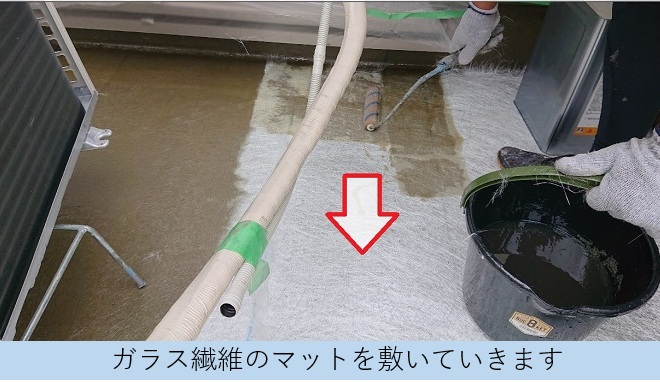 ガラス繊維のマットを敷いている様子
