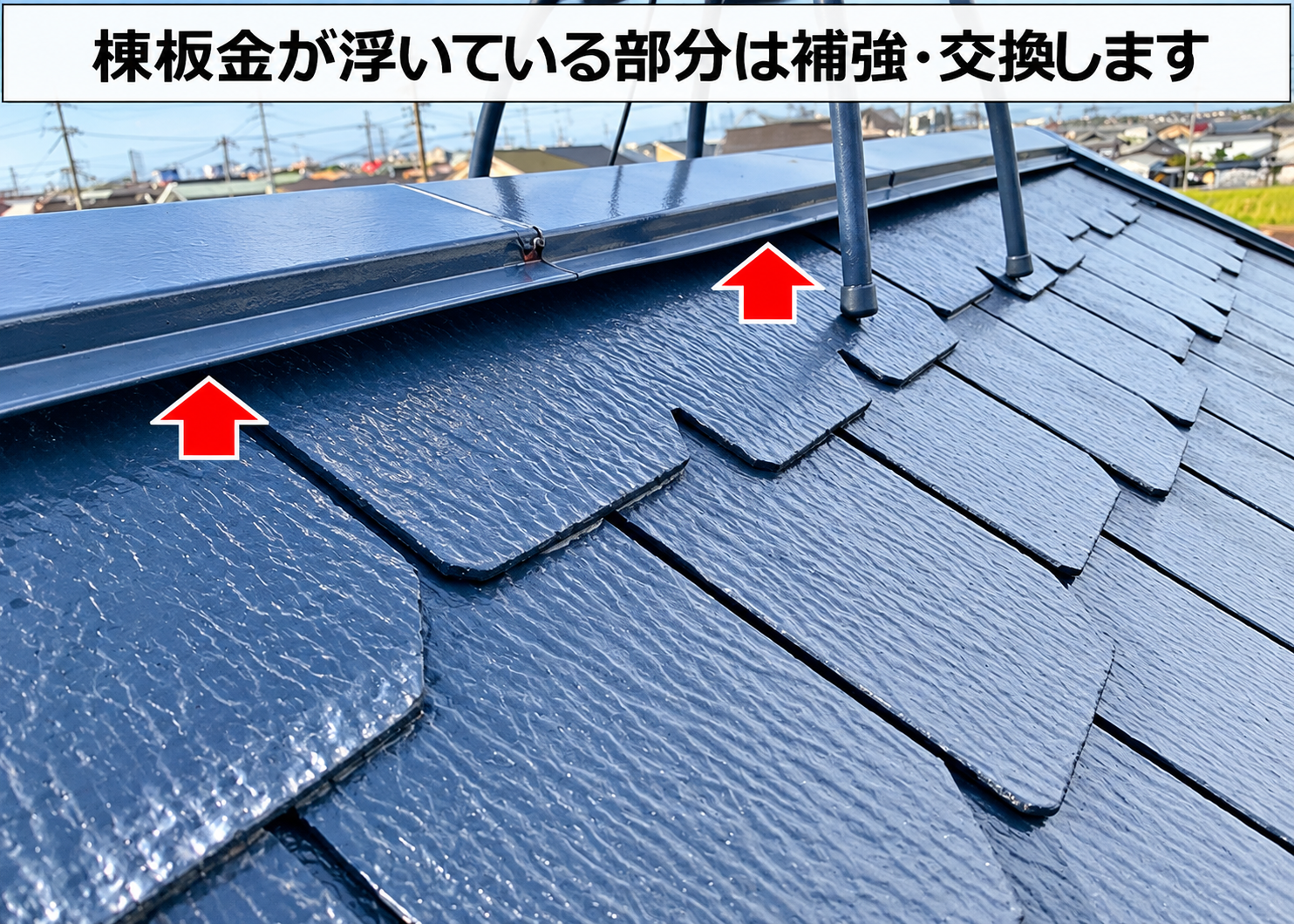 スレート屋根のむねばんきんが浮いている様子