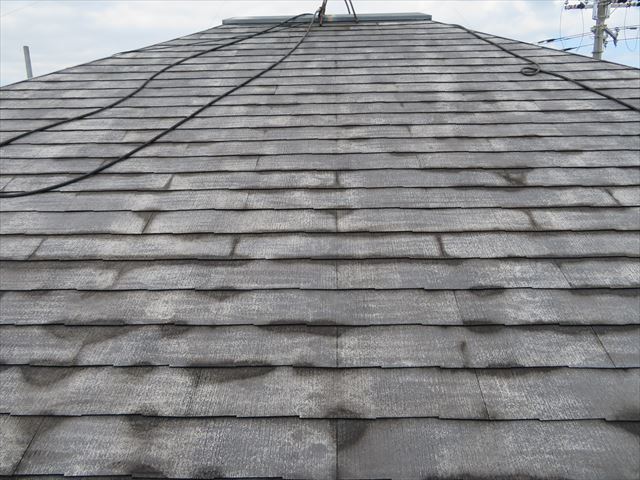 高圧洗浄をした屋根が乾いてくると、屋根の汚れだけでなく古い塗膜も洗い流されて白っぽくなる状態が清潔になった証