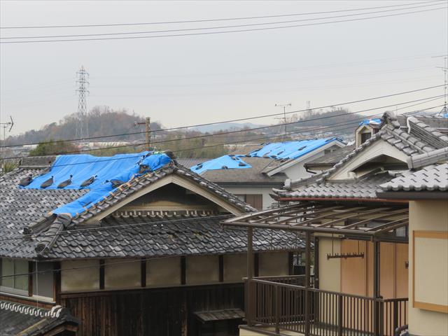 大阪北部地震から半年以上経過した今でも３６０°見渡すと１０軒以上のお宅の屋根にブルーシートが架かっている状態が見えます。