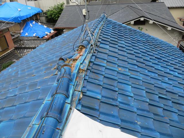 大阪北部地震で被災した瓦屋根に登ると完全に大棟が崩れている様子がはっきりとわかります