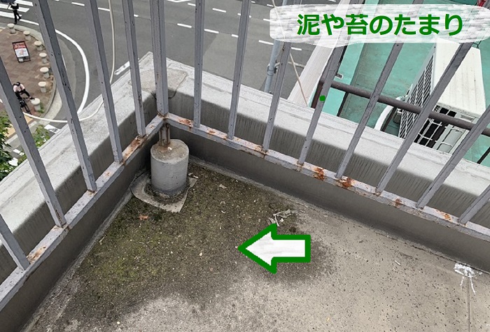 3階建て陸屋根に泥や苔が溜まっている様子