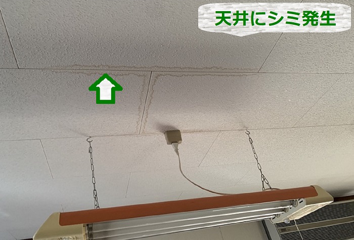 雨漏り原因調査で天井にシミが出来ている様子