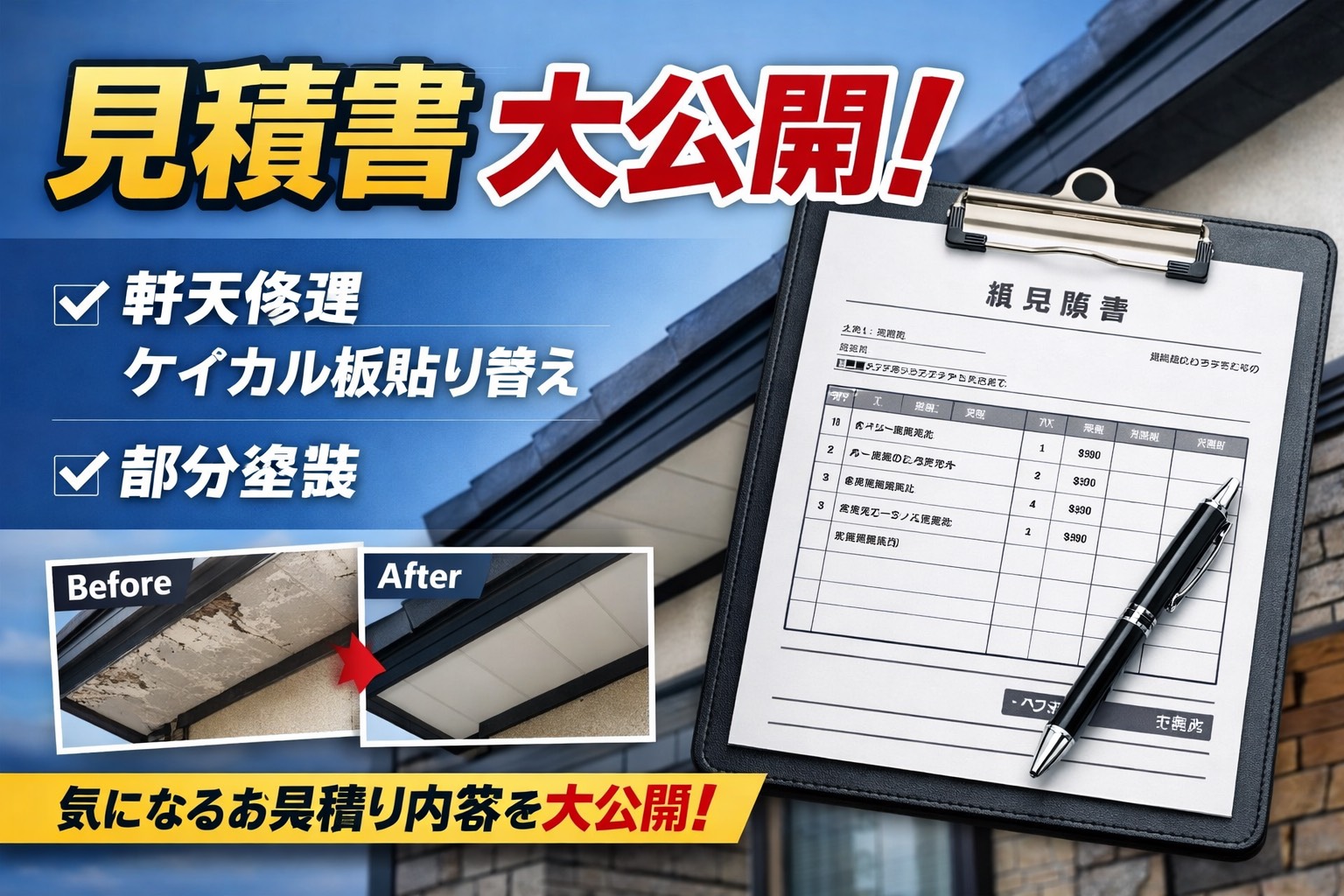 宝塚市★軒天修理・ケイカル板貼り替え・部分塗装の見積書大公開‼