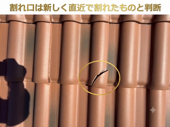割れて間もない瓦屋根