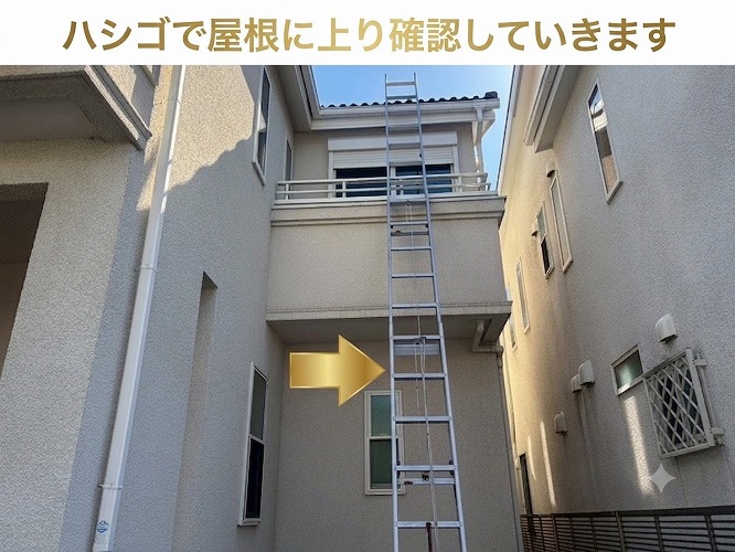 屋根にハシゴを掛けている様子