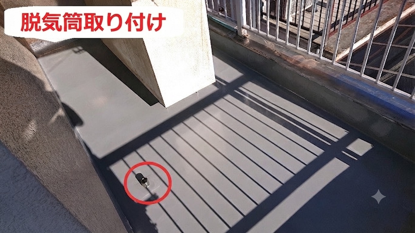 加古川市で面積10㎡の防水工事としてウレタン防水通気緩衝工法を行う現場で脱気筒取り付け