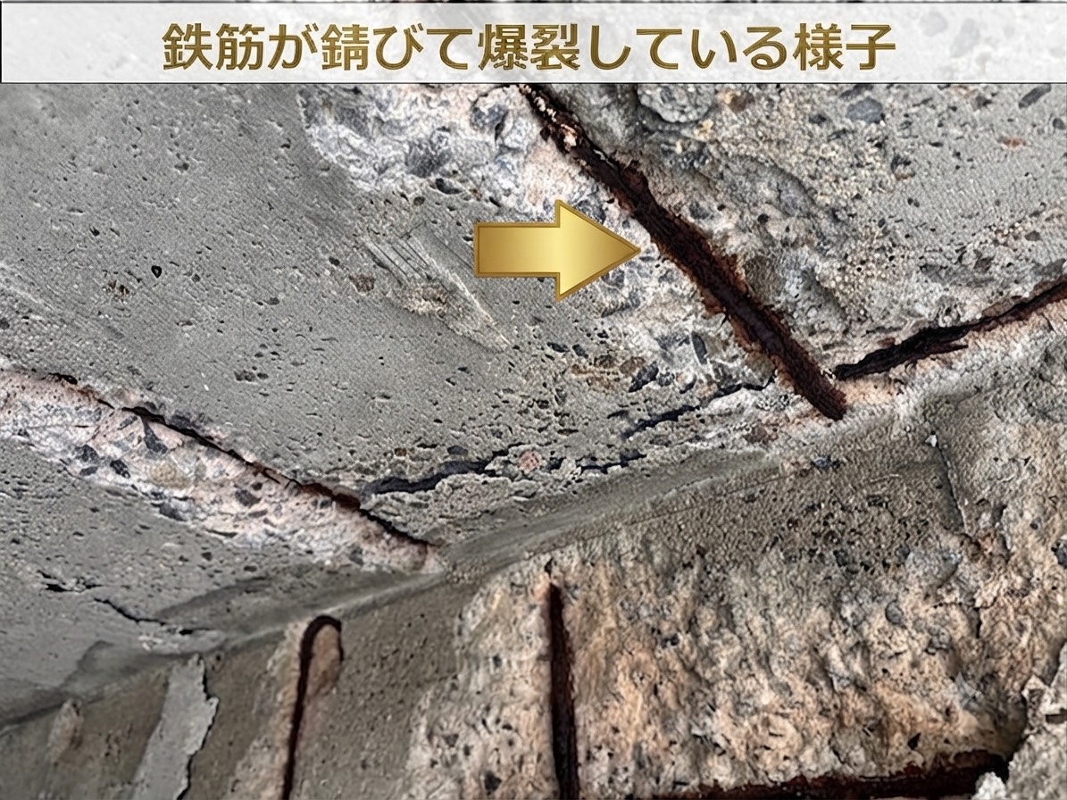 潜り車庫の天井モルタルが落下している様子