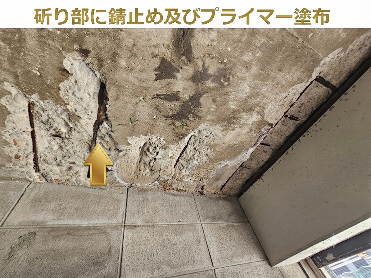 三田市でコンクリート製のガレージ天井補修でプライマー塗布