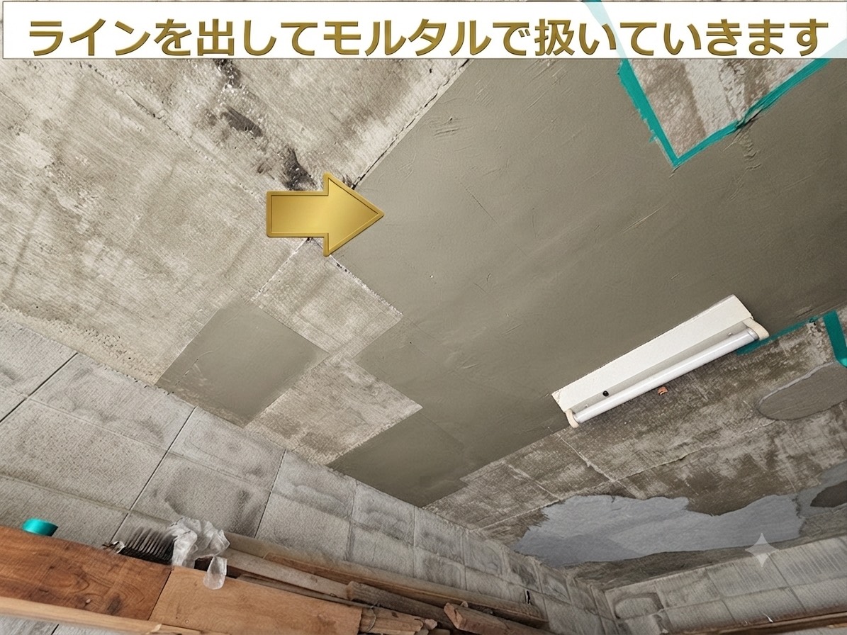 ガレージの天井にモルタルで扱いている様子