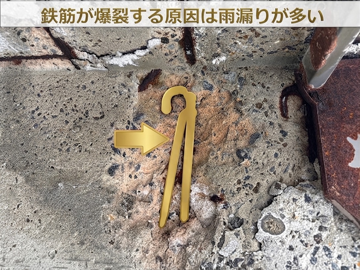 鉄筋が爆裂して錆が出ている様子