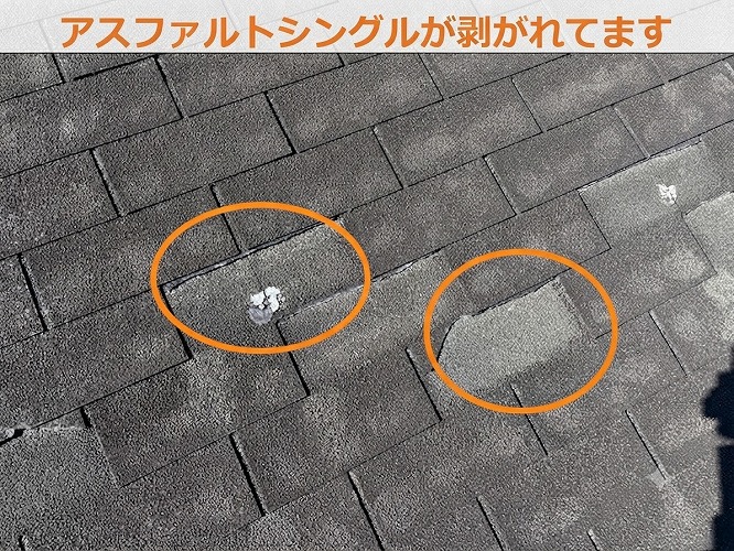 アスファルトシングルが剥がれている様子