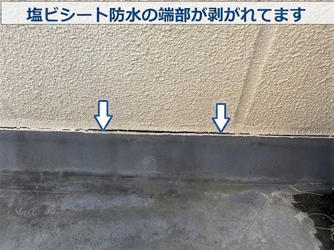 塩ビシート防水の端部が剥がれている様子