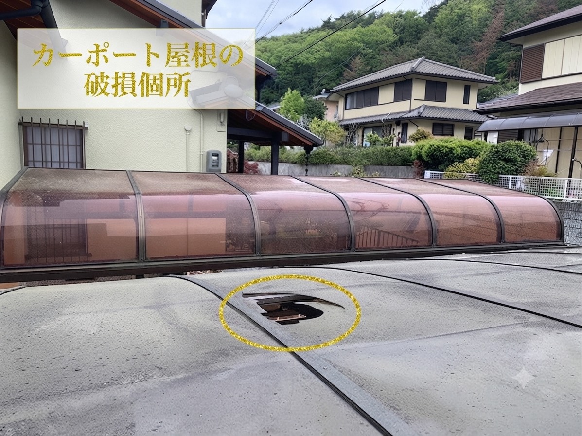 カーポート屋根修理点検で割れたアクリル屋根の様子