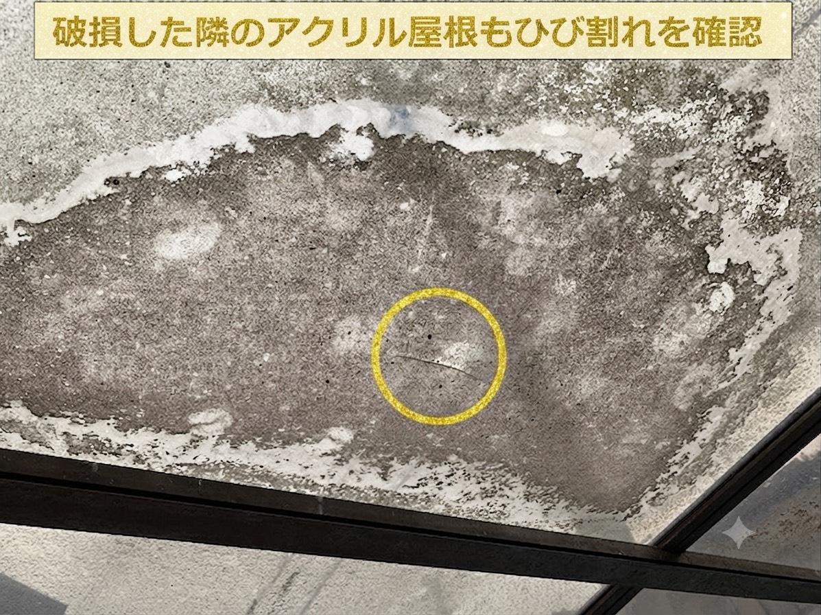 カーポート屋根がひび割れている様子