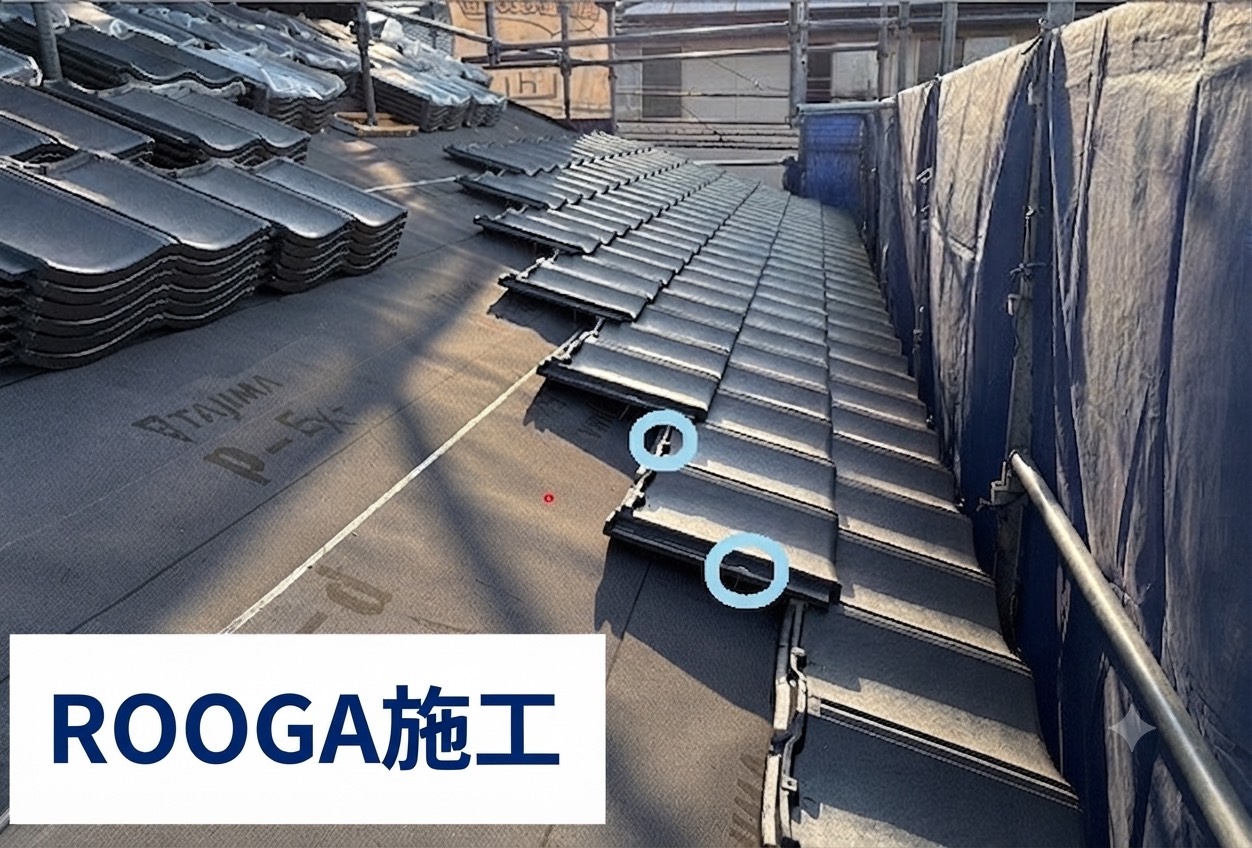 丹波篠山市で面積180㎡の日本瓦葺き替え工事でルーガを使用する現場で屋根葺き
