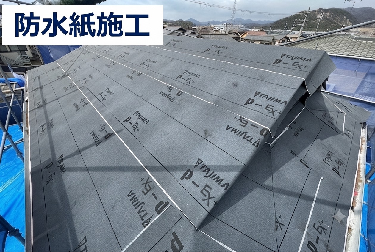 丹波篠山市で面積180㎡の日本瓦葺き替え工事でルーガを使用する現場で防水シート貼り