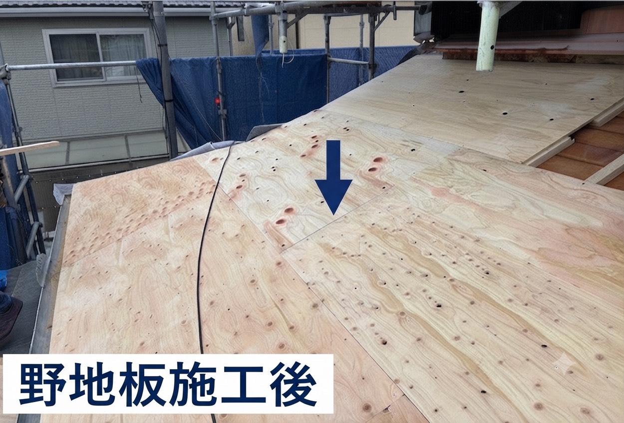 丹波篠山市で面積180㎡の日本瓦葺き替え工事でルーガを使用する現場で垂木と下地用合板貼り