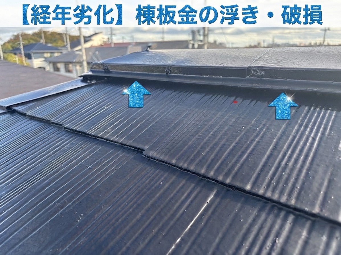 安心の無料点検を行っている連棟屋根の棟板金が浮いている様子