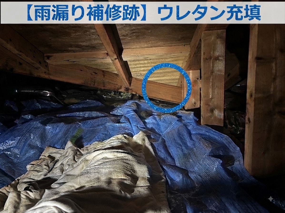 雨漏りしている連棟屋根の屋根裏にウレタンが塗られている様子