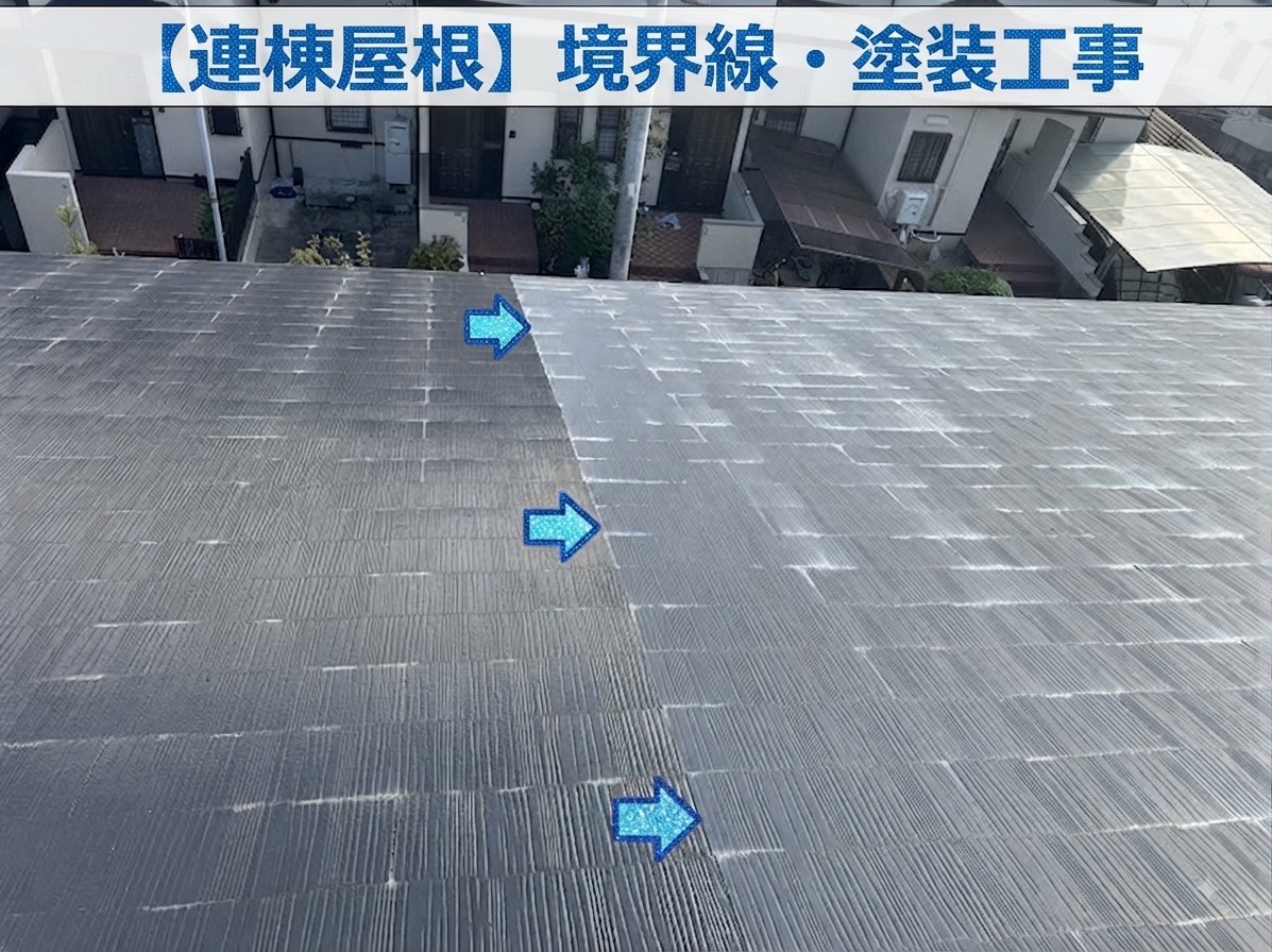 連棟屋根の境界線が塗装で塗り分けされている様子