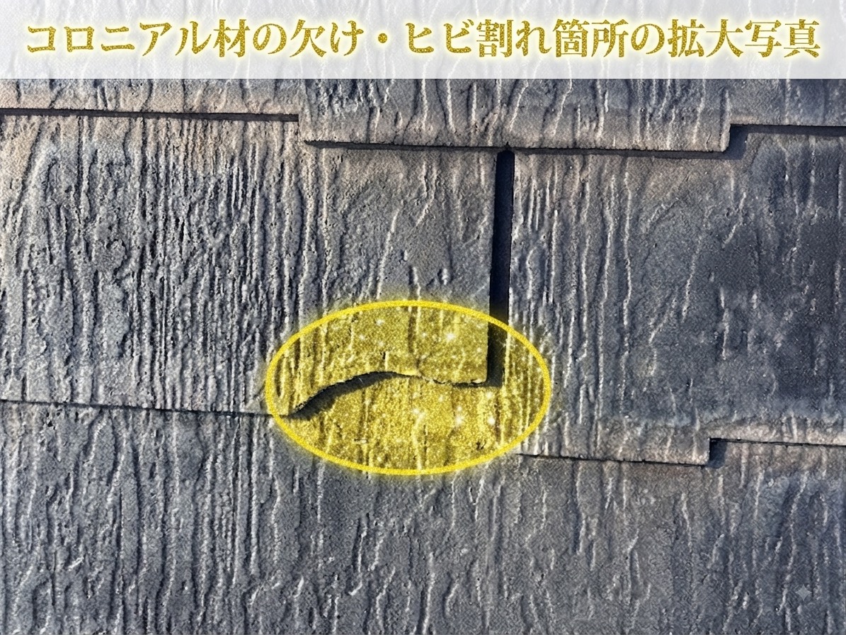 スレート屋根が割れている様子