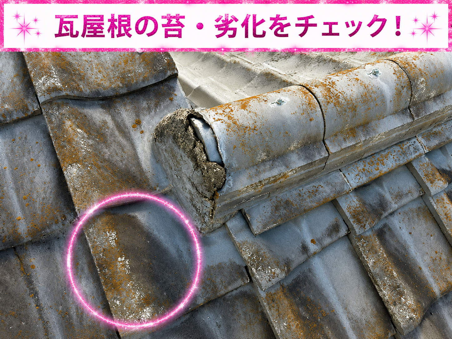 セメント瓦屋根に苔が発生している様子