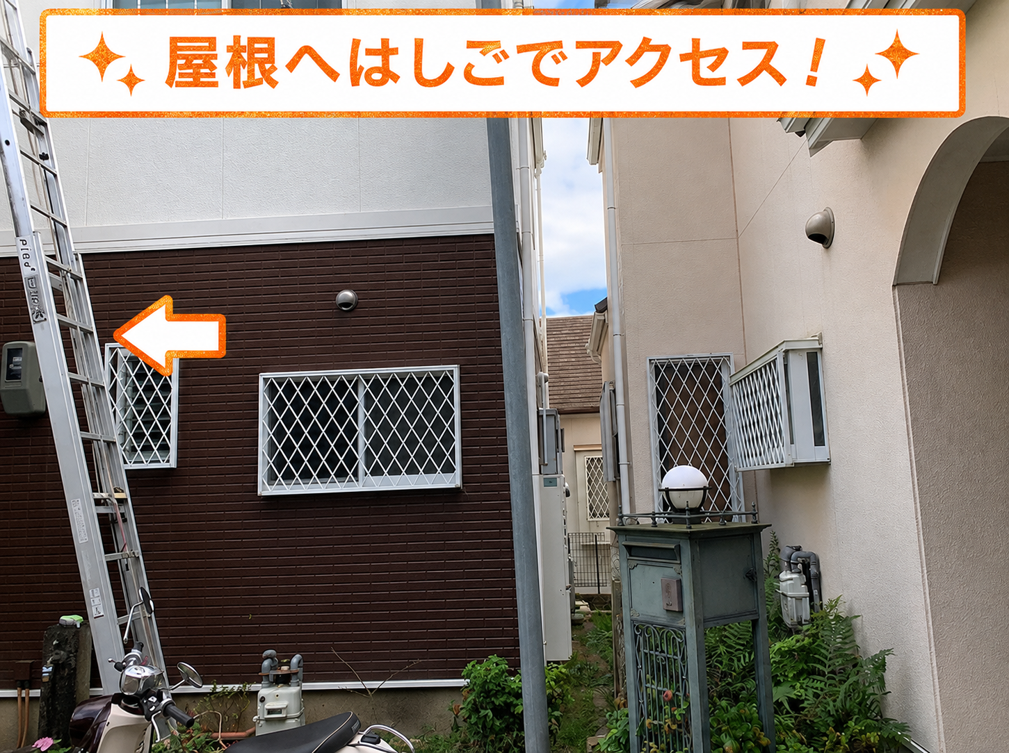 塗膜の剥がれを確認するために屋根に梯子を掛けている様子