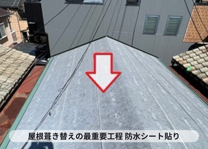 伊丹市　連棟屋根の葺き替え工事で防水シートを貼っている様子